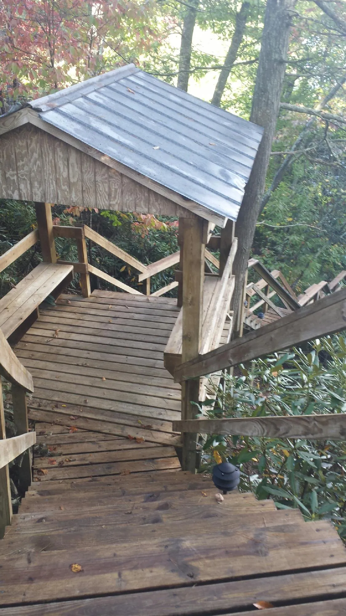 Metal roofed shelter over wooden steps on a wooded walkway — Skylight Repair & Installation work by our crew in Muldrow
